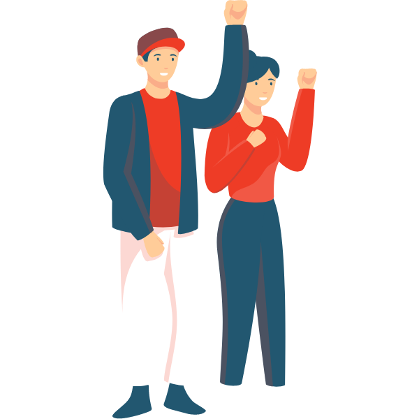 Illustration of a young man and a young woman cheering