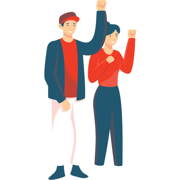 Illustration of a young man and a young woman cheering