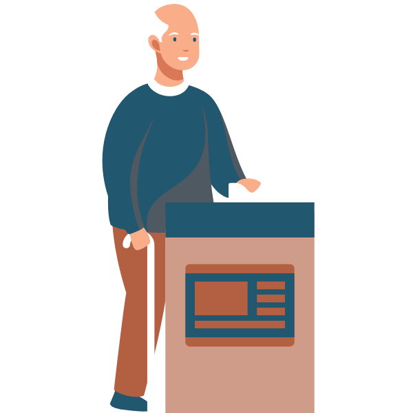Illustration of an older man holding a cane that is inserting a ballot into a drop box