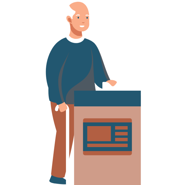 Illustration of an older man holding a cane that is inserting a ballot into a drop box