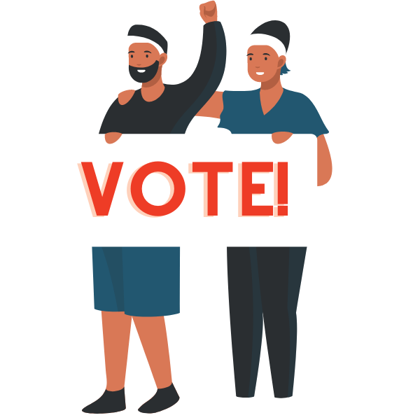 Illustration of a male student and a nonbinary student holding a sign that says VOTE!